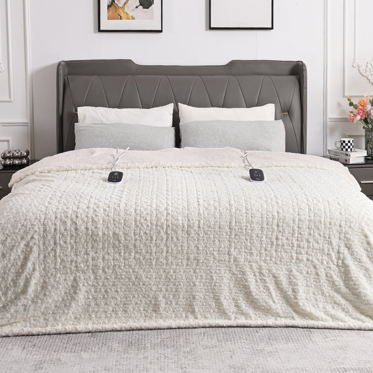 White Rose Flower Soft Sherpa Heated Blanket