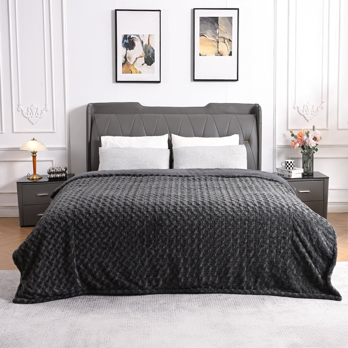 Dark Grey Faux Fur & Soft Sherpa Electric Heated Blanket with Rose Flower Patterns