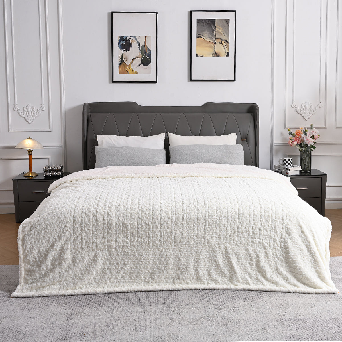 White Faux Fur & Soft Sherpa Electric Heated Blanket with Rose Flower Patterns