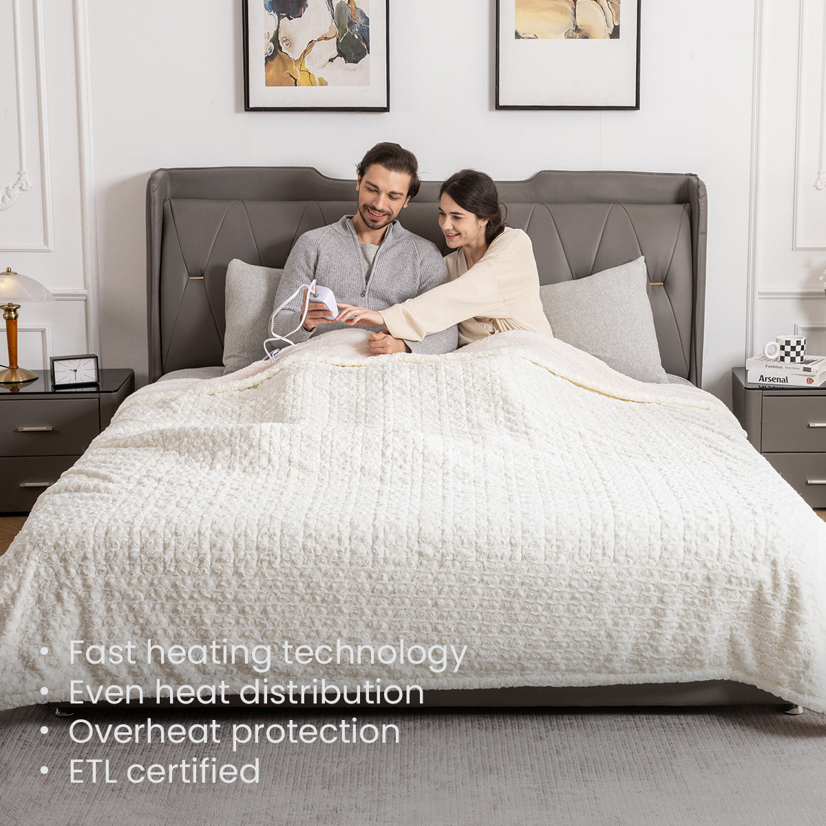 White Faux Fur & Soft Sherpa Electric Heated Blanket with Rose Flower Patterns