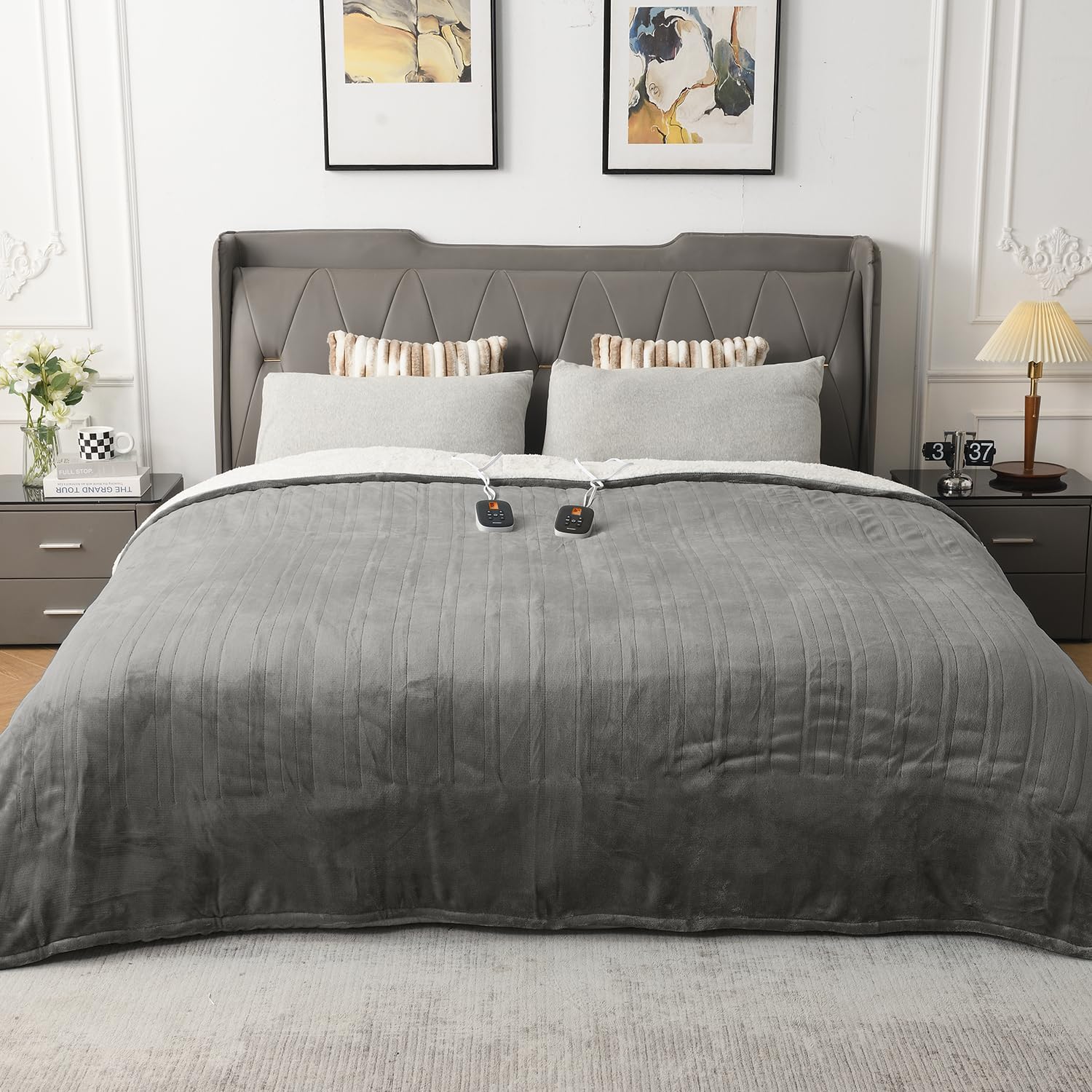 Gray Durable Flannel and Soft Sherpa Electric Heating Blanket