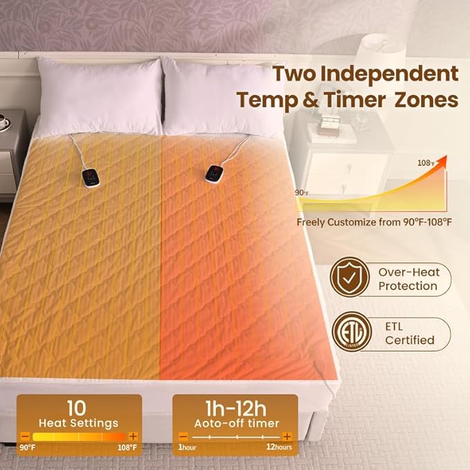 Fantico Electric Heating Pads Queen Size with Dual controllers 60”×80” Waterproof Bed Warmer with 21” Deep Pocket ETL Certified Machine Washable 5 years warranty White
