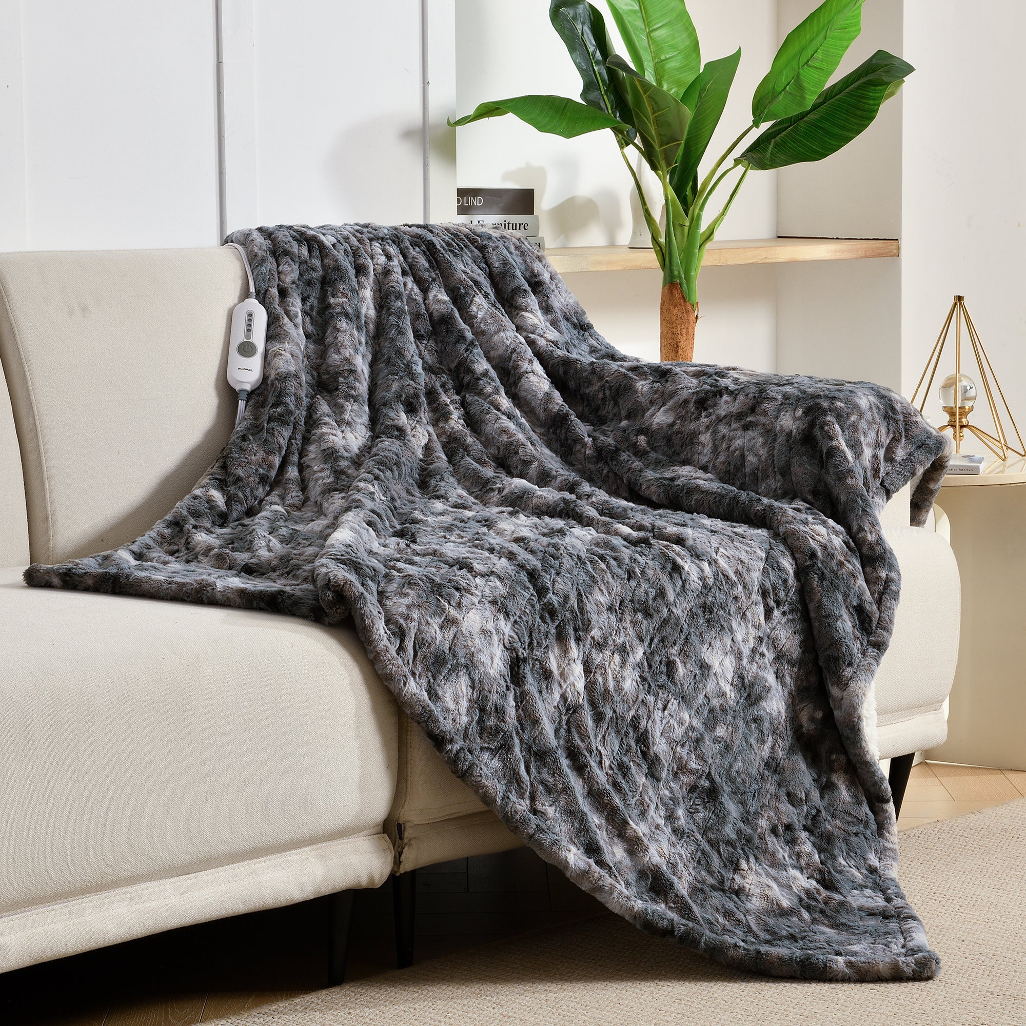 Marble Grey Soft Faux Fur& Sherpa Electric Heating Throw