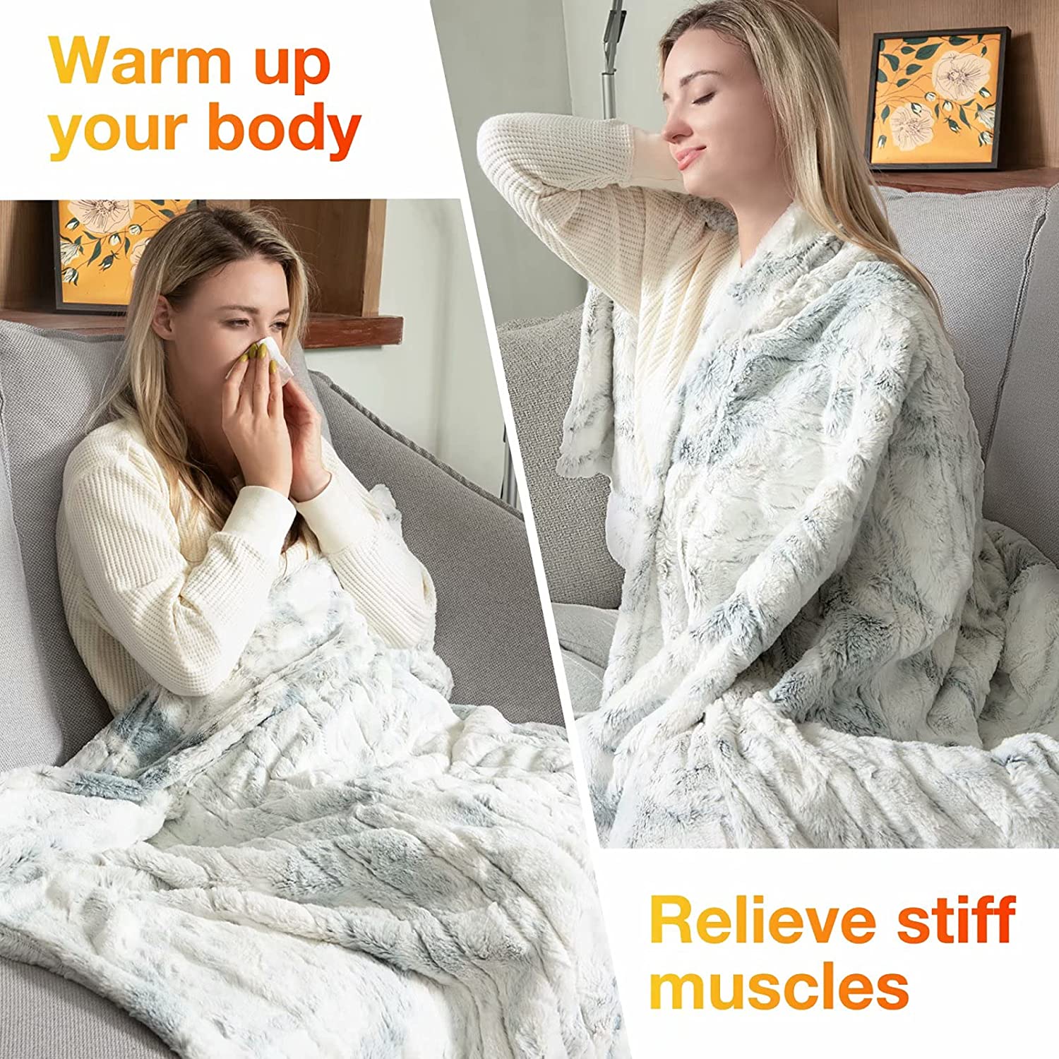 Marble Blue Soft Faux Fur& Sherpa Electric Heating Throw