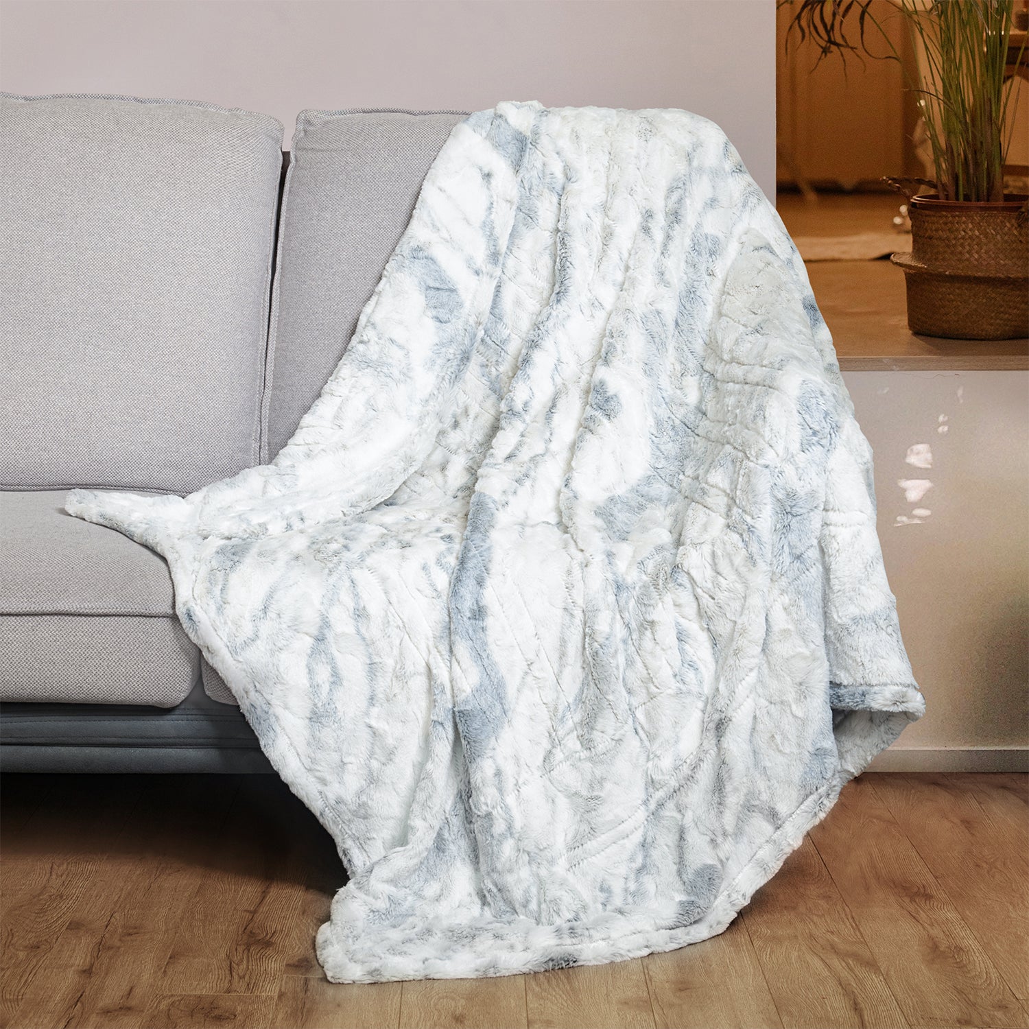 Marble Blue Soft Faux Fur& Sherpa Electric Heating Throw