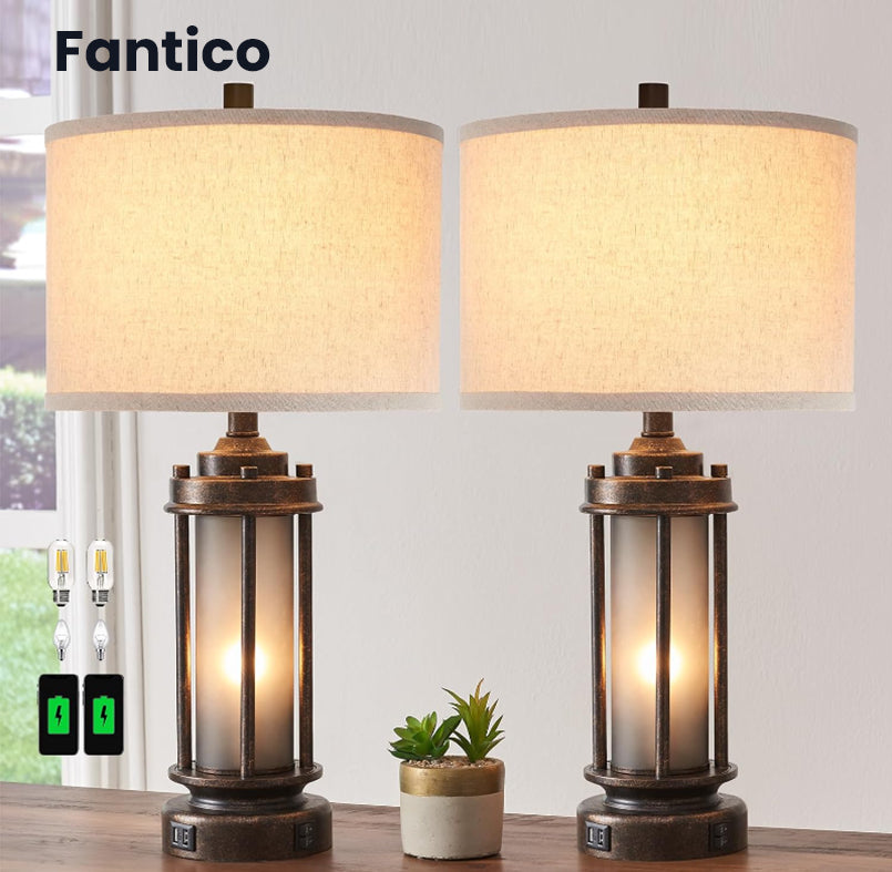 FANTICO 27.5 Tall Farmhouse Table Lamps with USB C + USB A Charge Ports, Rustic Living Room Lamps Set of 2, Black Industrial End Table Lamp for Bedroom Living Room Nightstand
