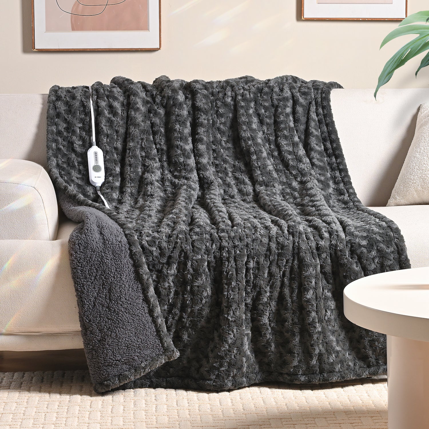 Dark Grey Rose Flower Patterns Faux Fur & Soft Sherpa Electric Heating Throw