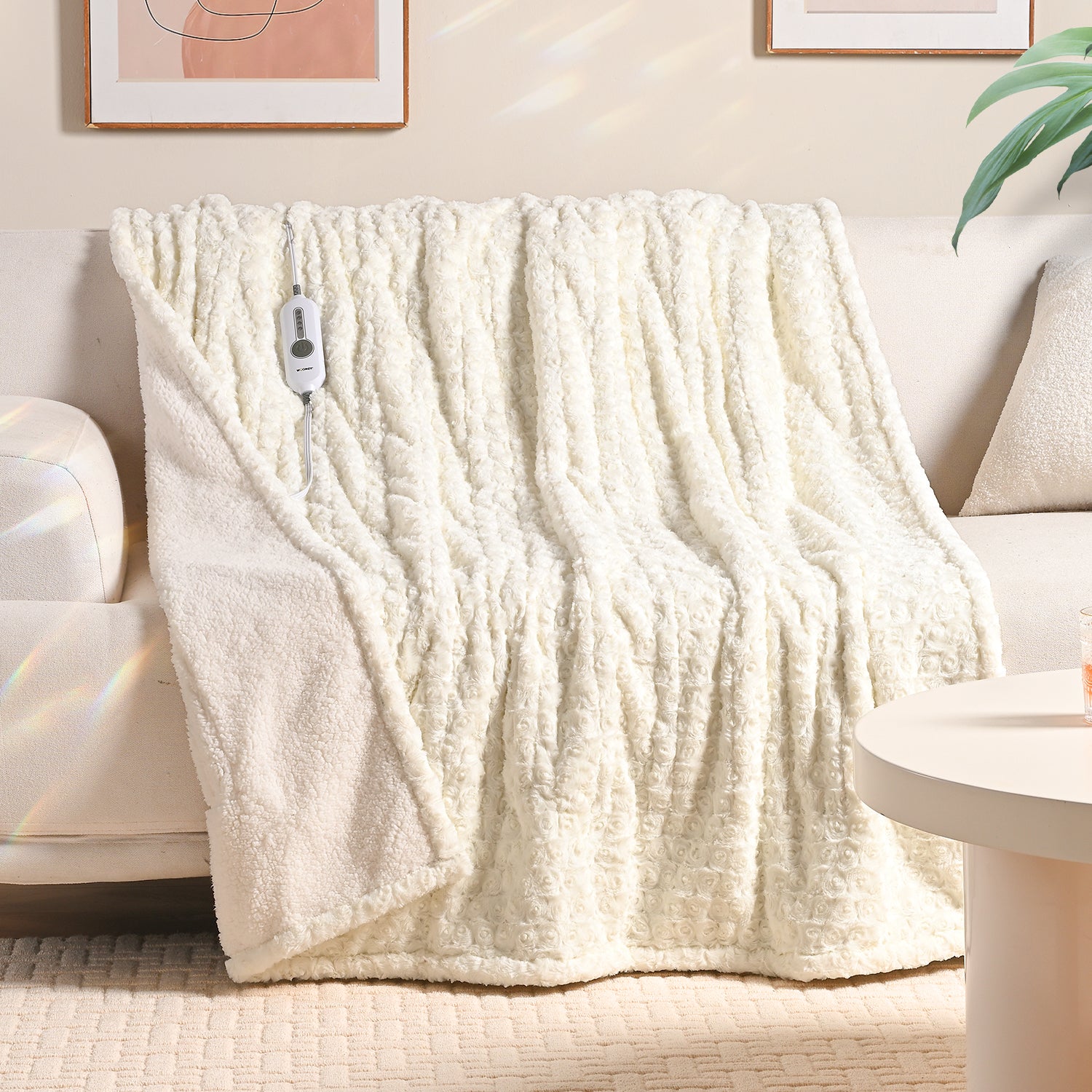 White Rose Flower Patterns Faux Fur & Soft Sherpa Electric Heating Throw