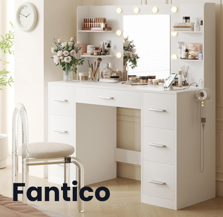FANTICO Makeup Dresser Desk with Round Mirror and Lights, White Vanity Makeup Table, Small Vanity Table for Bedroom with Lots Storage