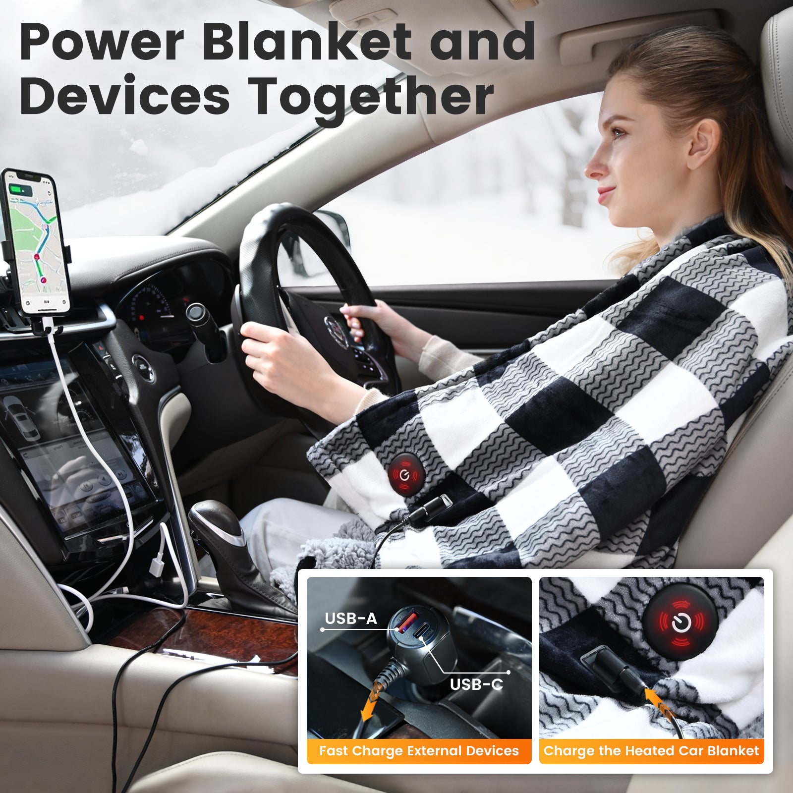WOOMER Car Heated Blanket, 12-Volt Portable Heated Car Blanket 59" X 43", Plaid