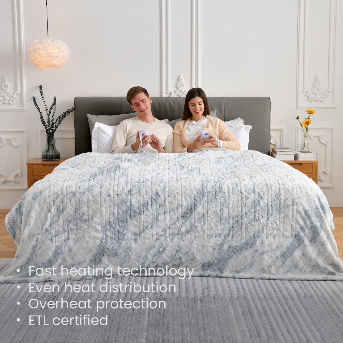 Marble Blue Soft Sherpa Heated Blanket