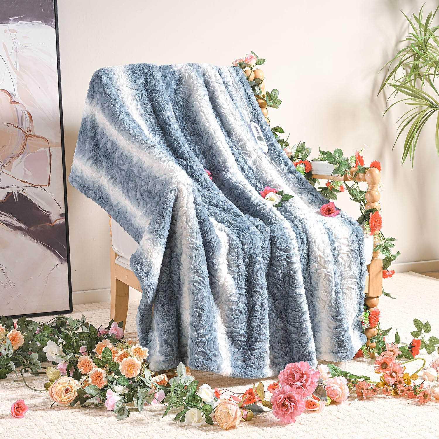 Blue & White Floral Pattern Faux Fur & Soft Sherpa Electric Heating Throw