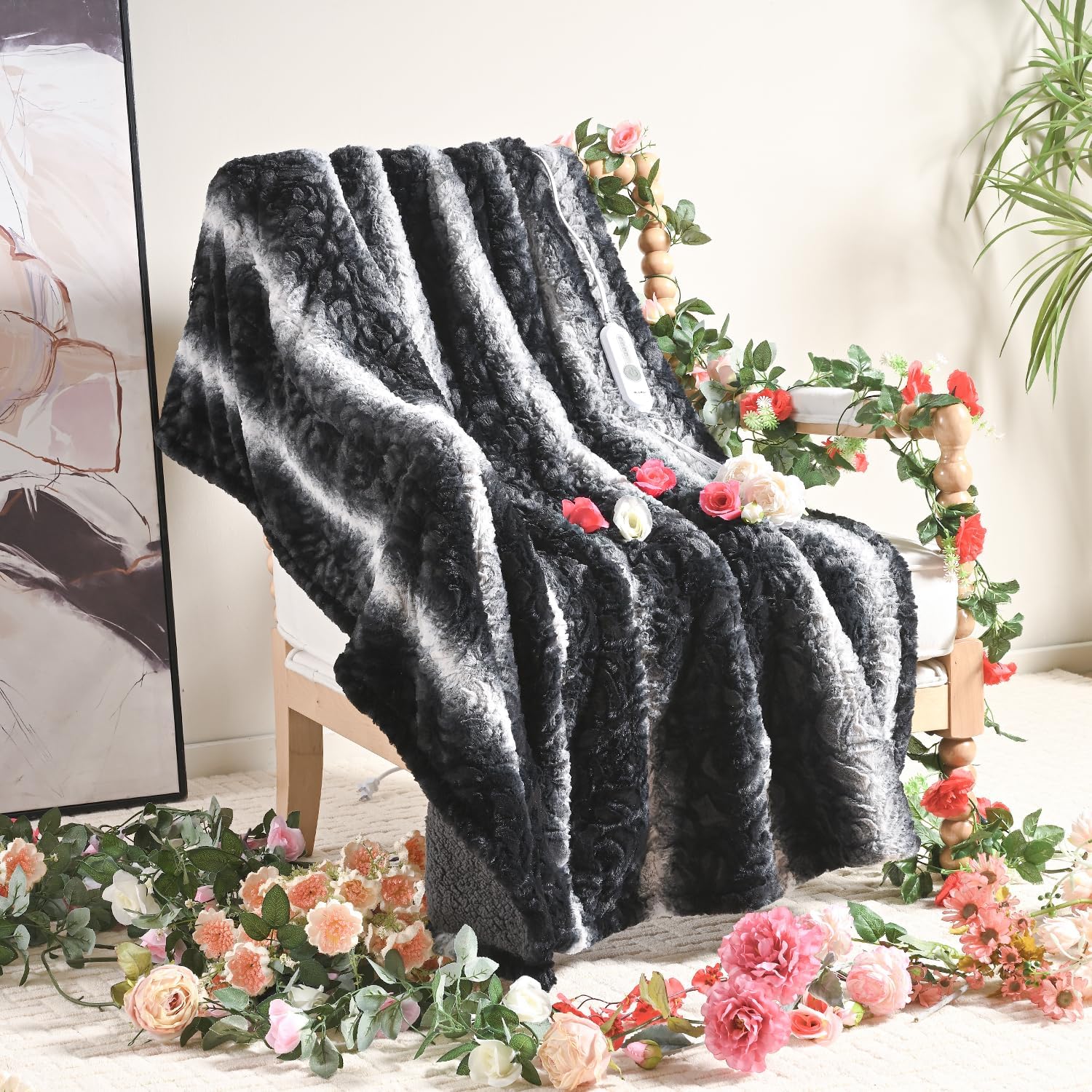 Black & Grey Floral Pattern Faux Fur & Soft Sherpa Electric Heating Throw