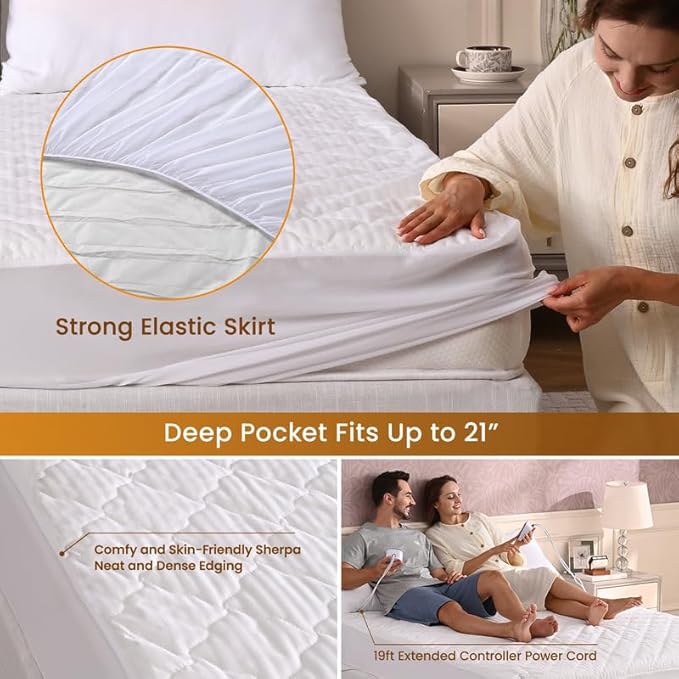 Fantico Electric Heating Pads Queen Size with Dual controllers 60”×80” Waterproof Bed Warmer with 21” Deep Pocket ETL Certified Machine Washable 5 years warranty White