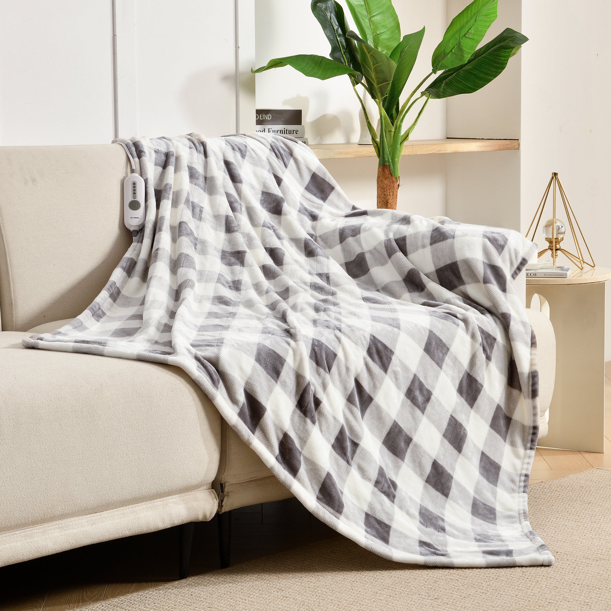 Gray White Plaid Soft Flannel Electric Heating Throw