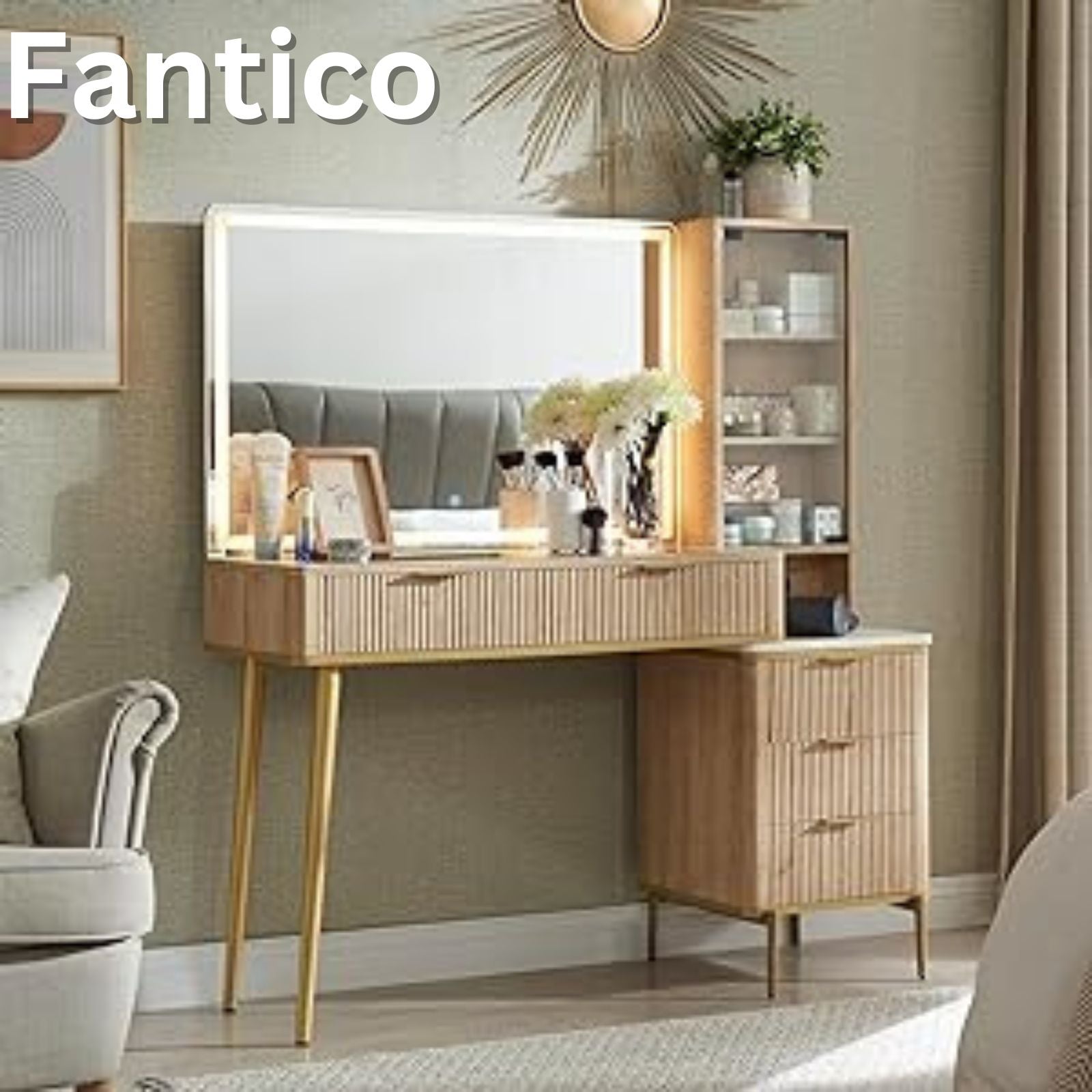 FANTICO Makeup Vanity Desk with 36" HD Lighted Mirror, 48" Big Modern Vanity Desk with Mirror and Lights, Dressing Table with 5 Drawers & Shelves, Glass Top for Bedroom