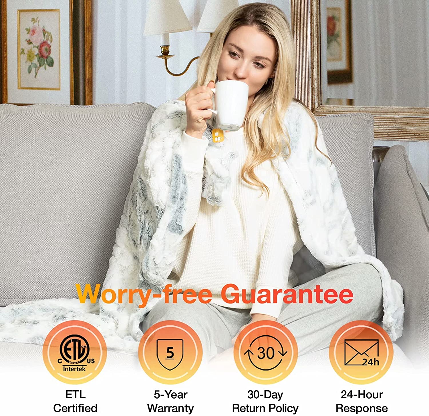 Marble Blue Soft Faux Fur& Sherpa Electric Heating Throw