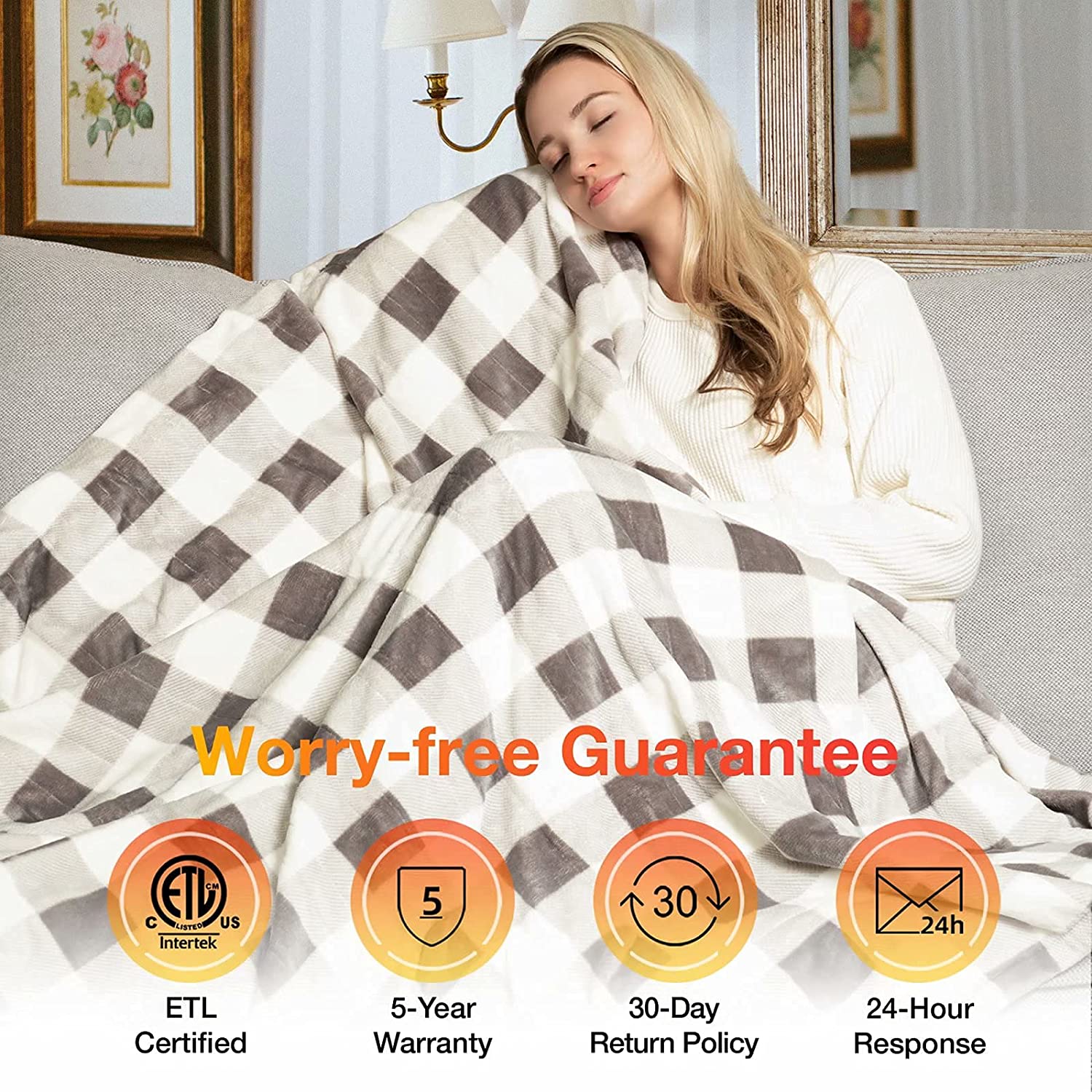 Gray White Plaid Soft Flannel Electric Heating Throw