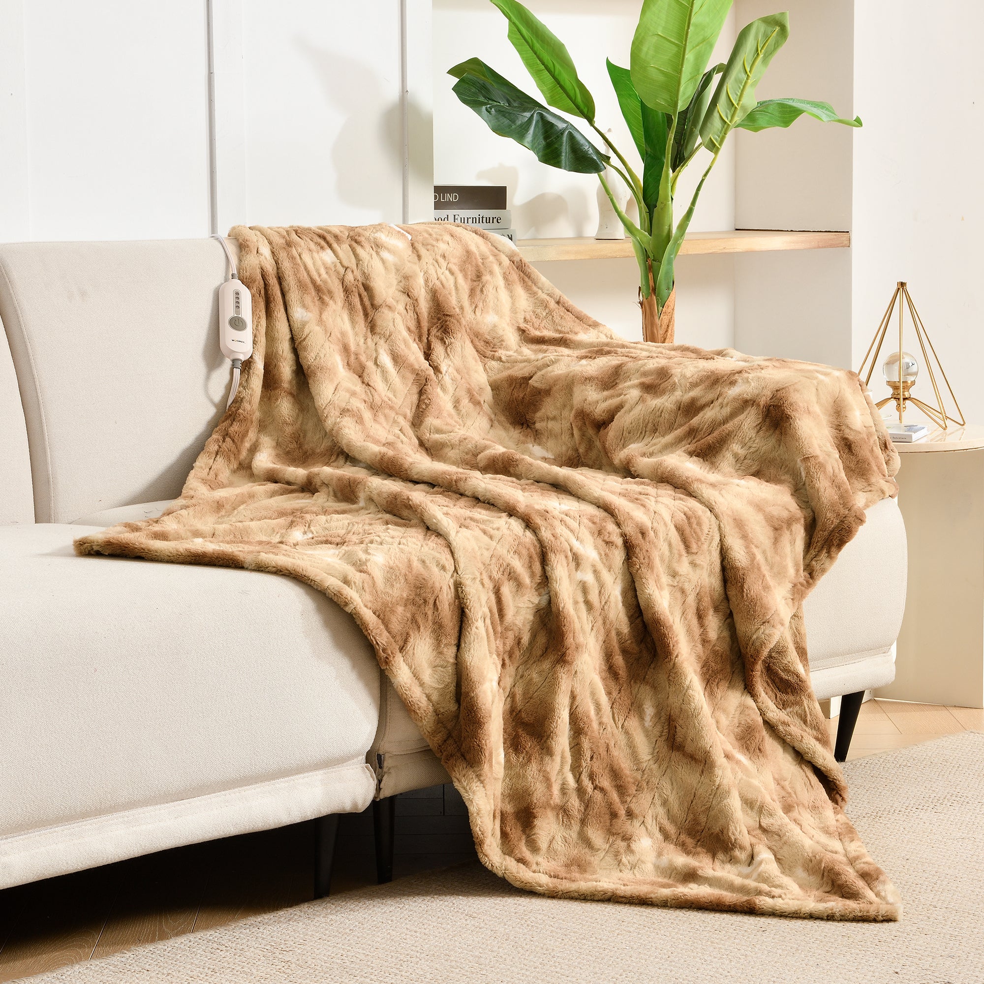 Beige Soft Faux Fur& Sherpa Electric Heating Throw